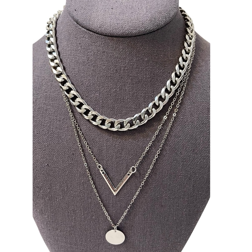❤️ Silver Tone Cuban Chain Multi Layer Necklace